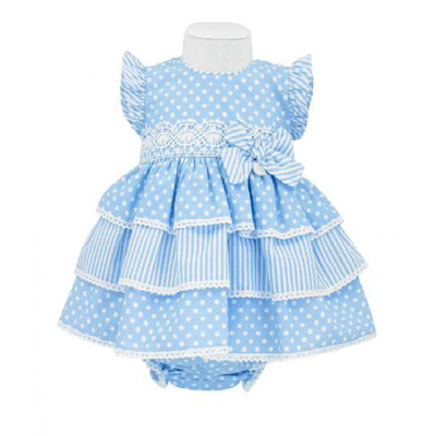 2018 BABY-GIRLS OFFICIAL SPANISH FRENCH BLUE SPOT STRIPE BOW DRESS /& KNICKER SET