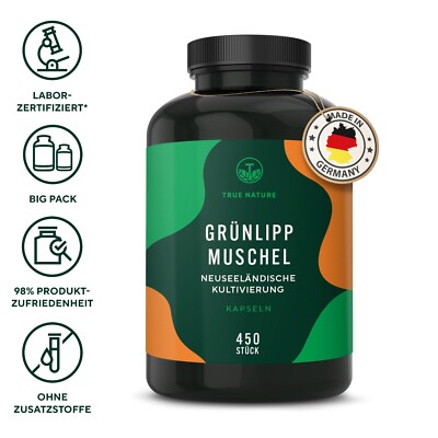 Grünlippmuschel - 450 Kapseln - Premium: Kultiviert in Neuseeland - TRUE NATURE 