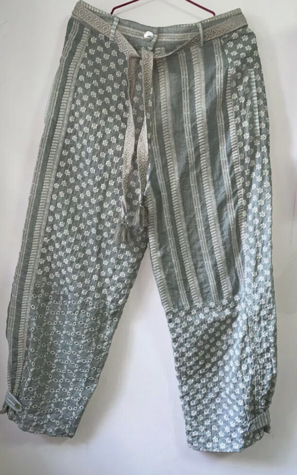 ZARA NEW WOMAN PATCHWORK EMBROIDERED PANTS GREENISH SIZE: M