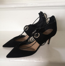 ASOS Heels UK Size 8 Black Faux Suede Sexy Ankle Tie Metal Accent Nice Condition