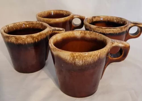 Set of 4 Vintage Hull Pottery Brown Drip Mugs