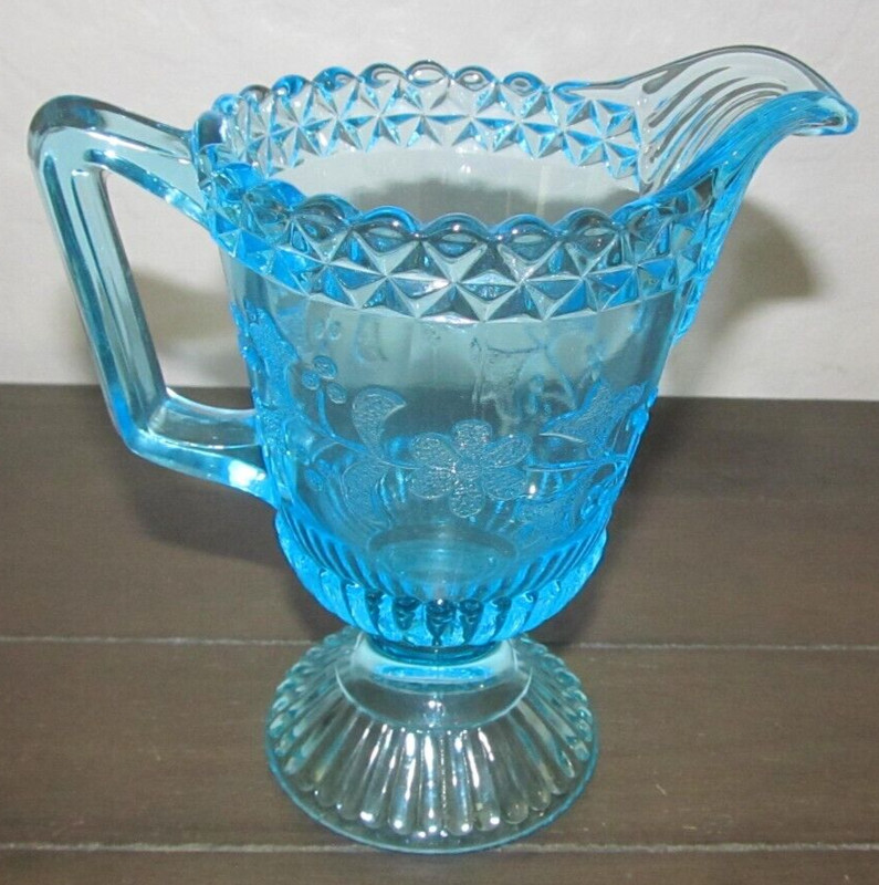 Vintage Blue Glass Floral Etch Texture Creamer Pitcher 5.25” Tall Scalloped Edge