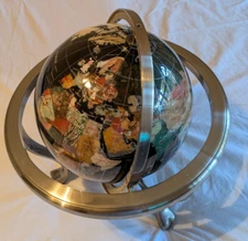 13" Black Onyx Tabletop Gemstone World Globe with Silver Tripod