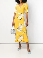 Sea New York Pia Midi Dress Floral Printed Wrap Ruffle Hawaiian Yellow S 261639