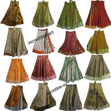 Wholesale Lot Vintage Silk Long Sari Recycled Magic Wrap Around Skirts 2 Layer