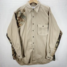 Wrangler Shirt Men XL Beige Camo Pro Gear Button Up Shooting Gun Patch Hunting