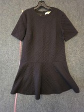 LOFT Dress Womens LP Black Quilted Short Sleeve Drop Waist Knit Shift Work