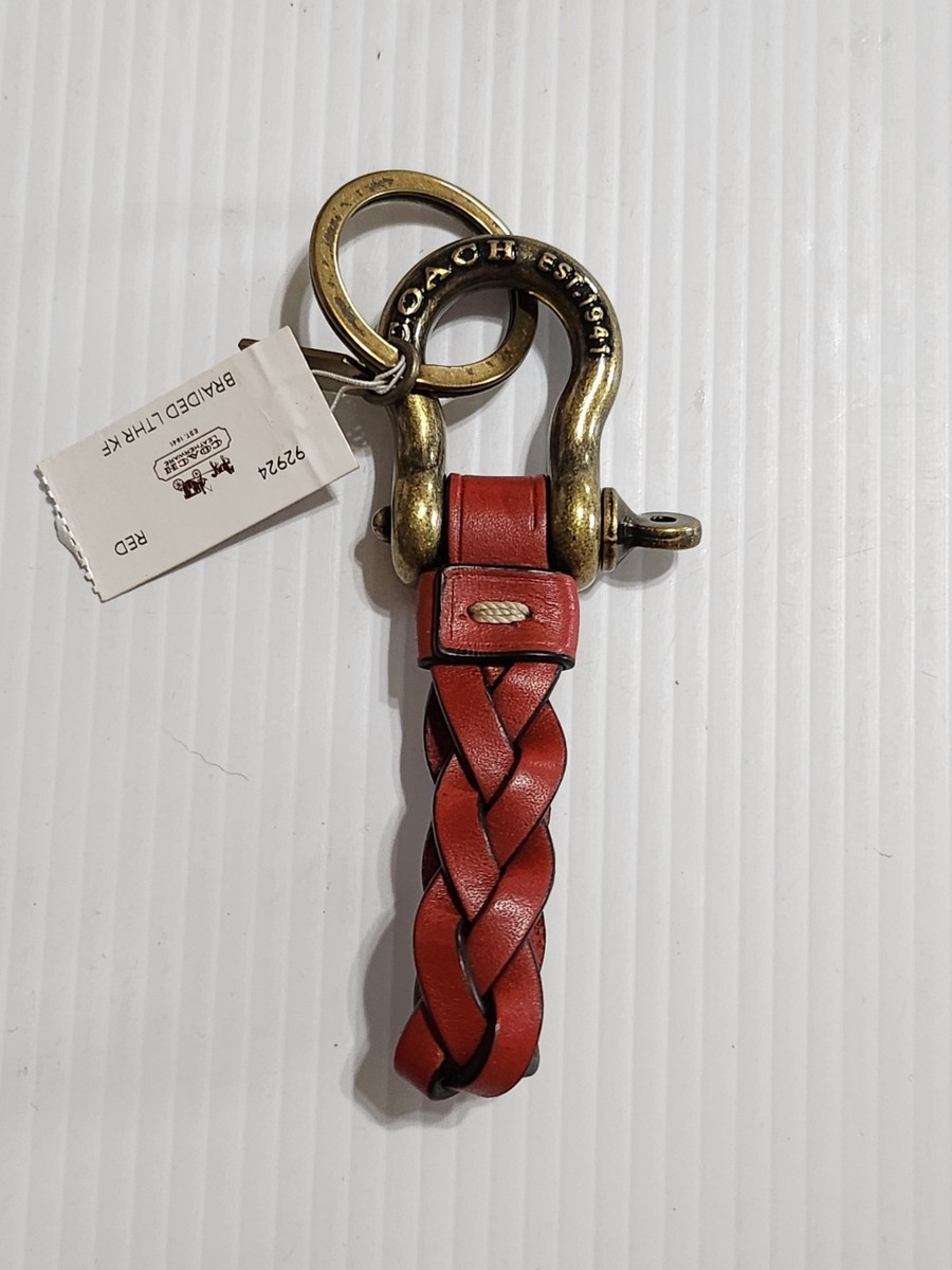 New Coach Red Braided Leather Loop Brass Keychain/ Ring Fob