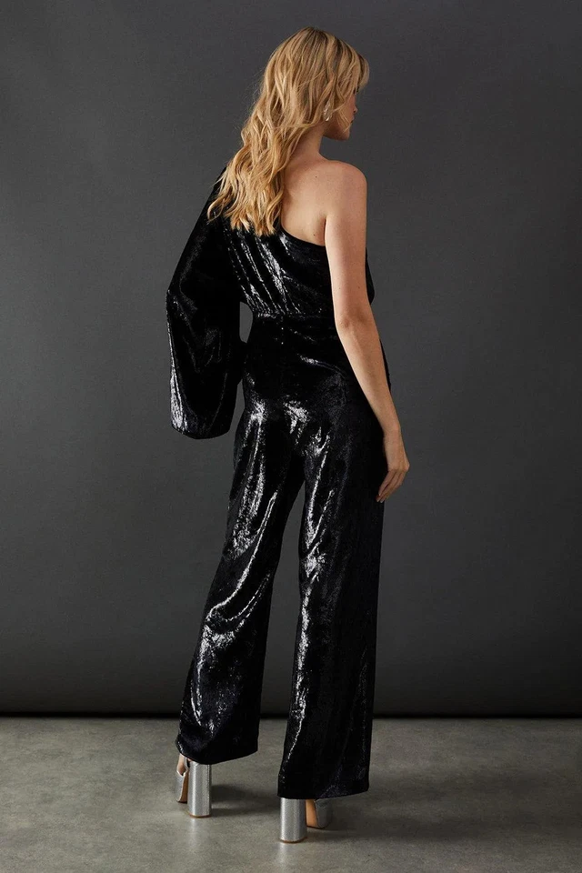 Warehouse Womens Jumpsuit Black Metallic Texture One Shoulder Flared Sleeve - Image 3 of 4