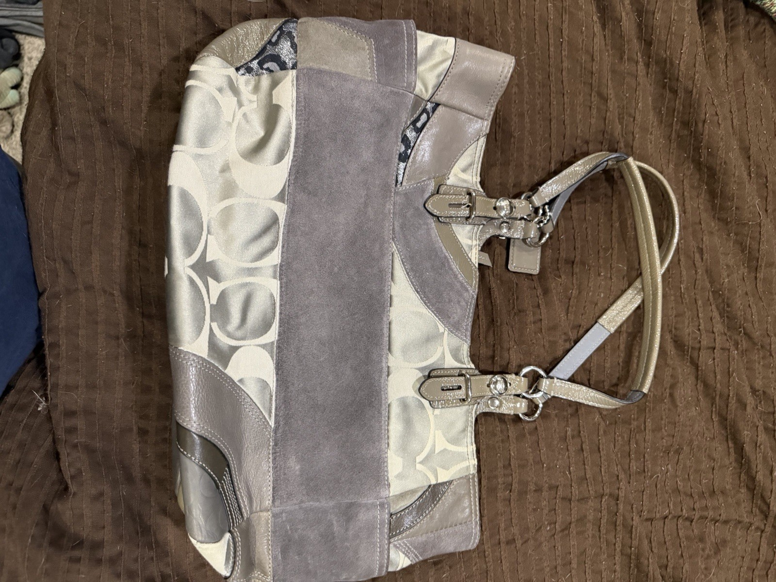 Coach Patchwork Shoulder Bag Gray Beige Double Ha… - image 2