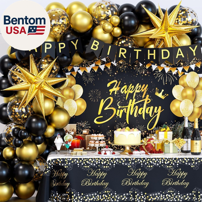 #ad Black and Gold Birthday Decorations for Men Women 71Pcs Black and Gold Party De $31.71