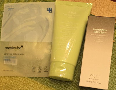 medicube Pore Cooling Mask, Abib Acne Foam Cleanser, haruharu Black Rice Toner  