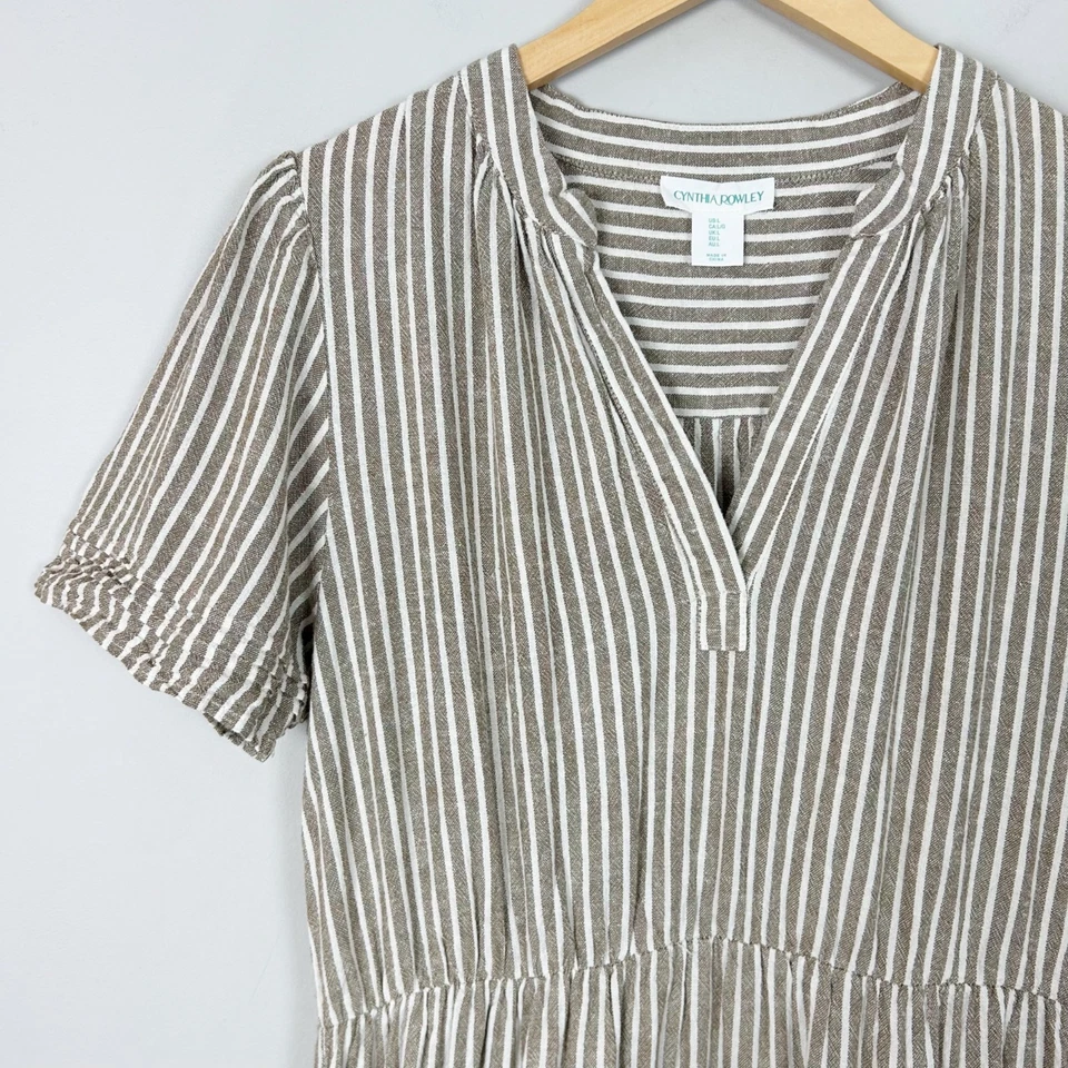 Vestido midi a rayas Cynthia Rowley mezcla de lino talla grande para mujer Foto 2 de 4