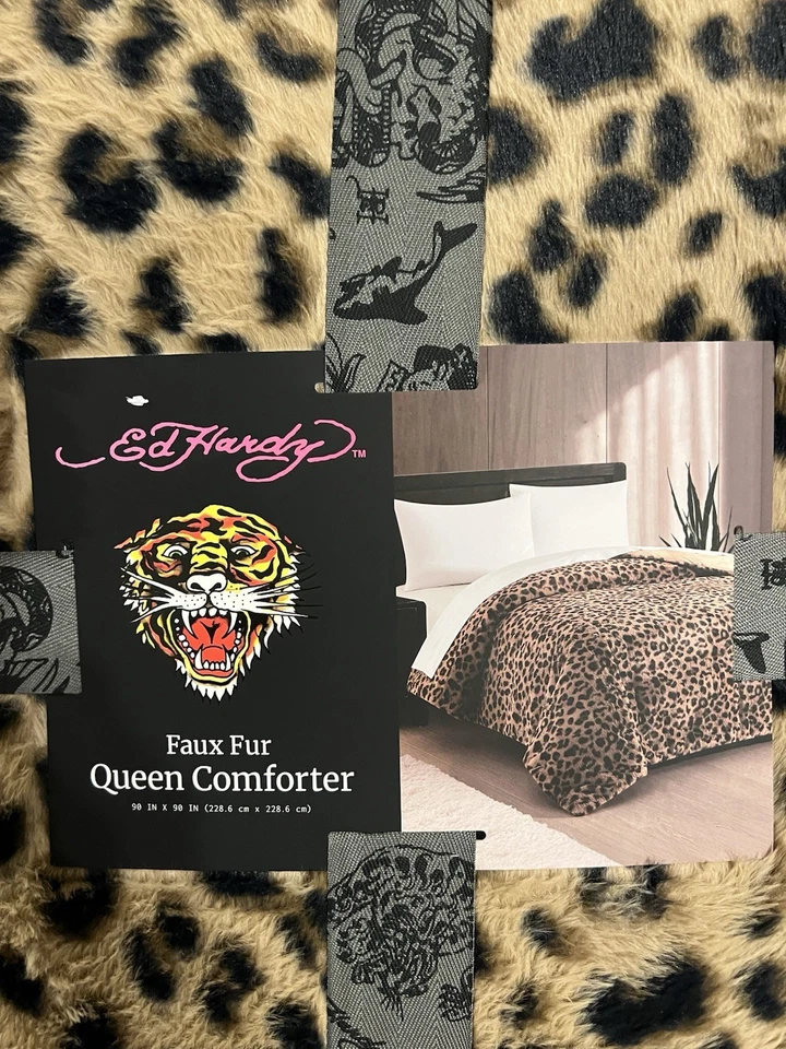 Ed Hardy Faux Fur Queen Comforter In Leopard Print NWT - Image 4 of 4
