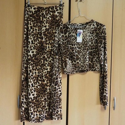 Damen Zweiteiler Set Gr S Leopard Print Crop Top Maxirock Rock Set Made in Italy