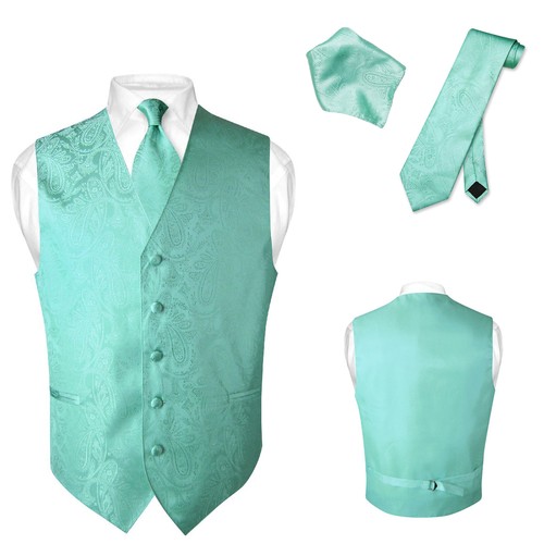 Men's Dress VEST NeckTie for Suit AQUA GREEN Color PAISLEY Design Tie Hanky M