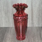 FENTON Cranberry Glass Vase Ruffled Top Edge 7 1/2"