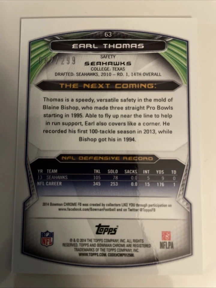 2014 Bowman Chrome Black Refractors #63 Earl Thomas III 82/299 - Image 2 of 3