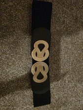 Black Wide Elastic Women's Fashion Belt with Gold Buckle Accent