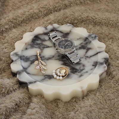 Natural Small Calacatta Viola Marble Tray 6.3'', Round Scalloped Tray for Nigh...
