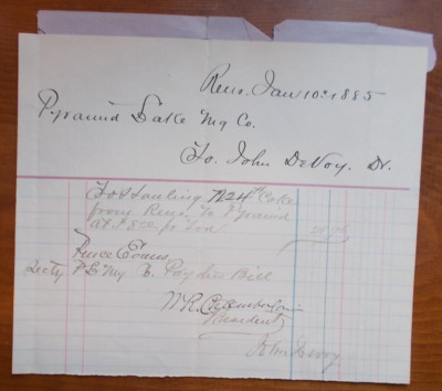 Pyramid Lake Manufacturing Co. Original 1885 Invoice from Reno, Nevada (hauling)
