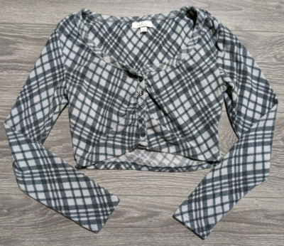 Colsie Shirt Adult Medium Gray White Plaid Soft Cropped Pajama Top Womens
