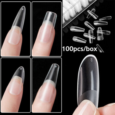 100X French Acrylic False Nail Tips Stiletto Almond Coffin Natural Clear UV Gel 