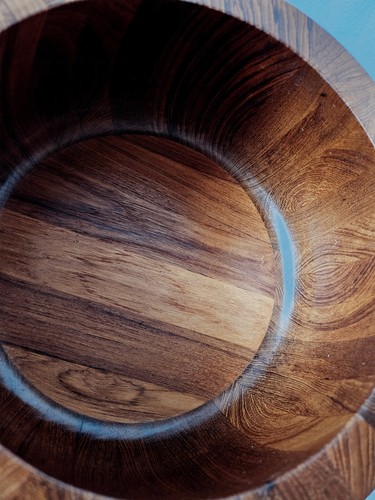 Dansk 10" Tulip Salad Bowl Staved Teak Wood Serving Paddles Set MCM Danish JHQ - Picture 11 of 17
