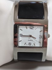 White Dial Silver Tone Case Black Open Cuff Hinge Band Watch 6.5 Inch
