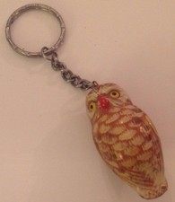 Owl Keychain Hand Painted Wood Figural Bird Brown Tan Beige Key Ring Keeper