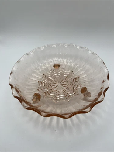 Footed Pink Depression Glass Candy Dish - Star Pattern 1930’s 7" Ruffled Ruffle