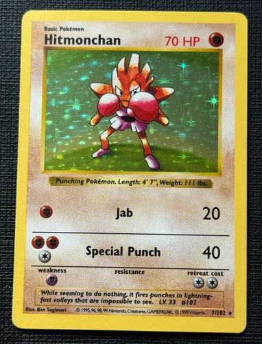 Hitmonchan Pokemon Card Shadowless Holo 7/102 Base Set TCG