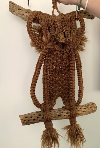 "Grande legno di gufo di iuta anni '70 occhi su legno di deriva da appendere a parete decorazione boho 28"" - Foto 7 di 7