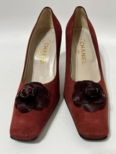 Vtg Chanel Red Suede Pony Hair CC Logo Camellia Heels 36