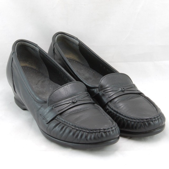 SAS Tripad Comfort Black Leather Wedge Heel Loafers Women's Size 9 S