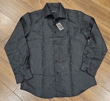 Mens DiBanGu Black Paisley Silk Blend Long Sleeve Button Down Shirt-Medium