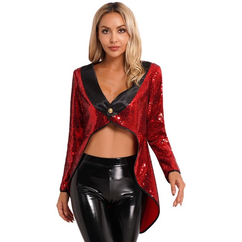Women's Magician Cosplay Sequin Tailcoat Circus Showman Tuxedo Jacket Costume - Picture 8 of 52