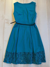 Calvin Klein teal blue lace bottom belted sleeveless dress size 4 women's