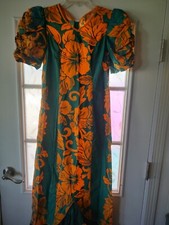 Vintage Aloha Maxi Dress S, Ruffled Hem, Puff Sleeves