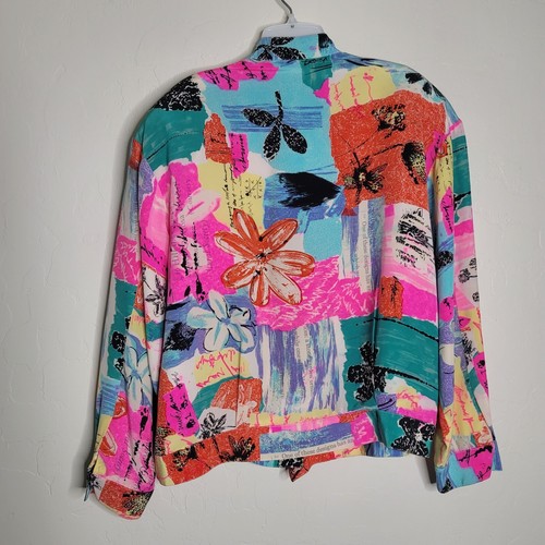 Vintage geblümte Bomberjacke Gr. L 100% Seide gefüttert Reißverschlusstaschen wattierte Schultern - Bild 5 von 7