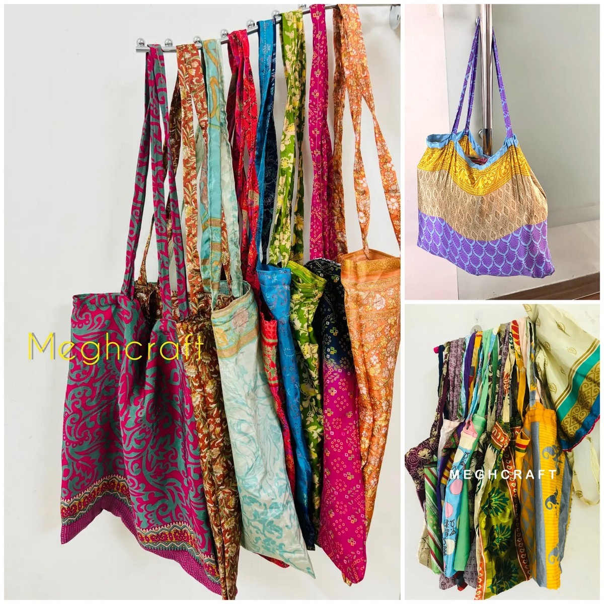 Upcycled Silk Sari Shopping Bags Reusable Carry Bags Tote bags