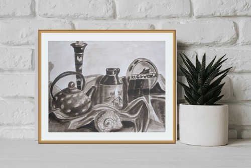 watercolor still life with utensils, monochrome painting, original watercolor - Picture 3 of 5