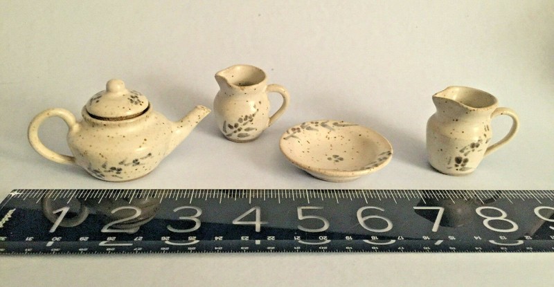 MINIATURE VINTAGE FINE STONEWARE Artisan work Stamped MM teapot, two jugs, plate