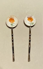 Bobby Pin set -GUILLOCHE ENAMEL ORANGE FLOWER  ACCENT- RHODIUM PLATE