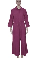 Animale Jeans Button Drawstring Long Sleeve Magenta Jumpsuit Straight Leg New M