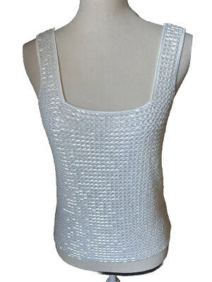   Cache Size M Ivory Bugle Bead Stretch Top NWOT