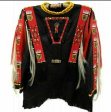 Native American Style Beaded Black Powwow War Shirt w/ Fringe Red Panels
