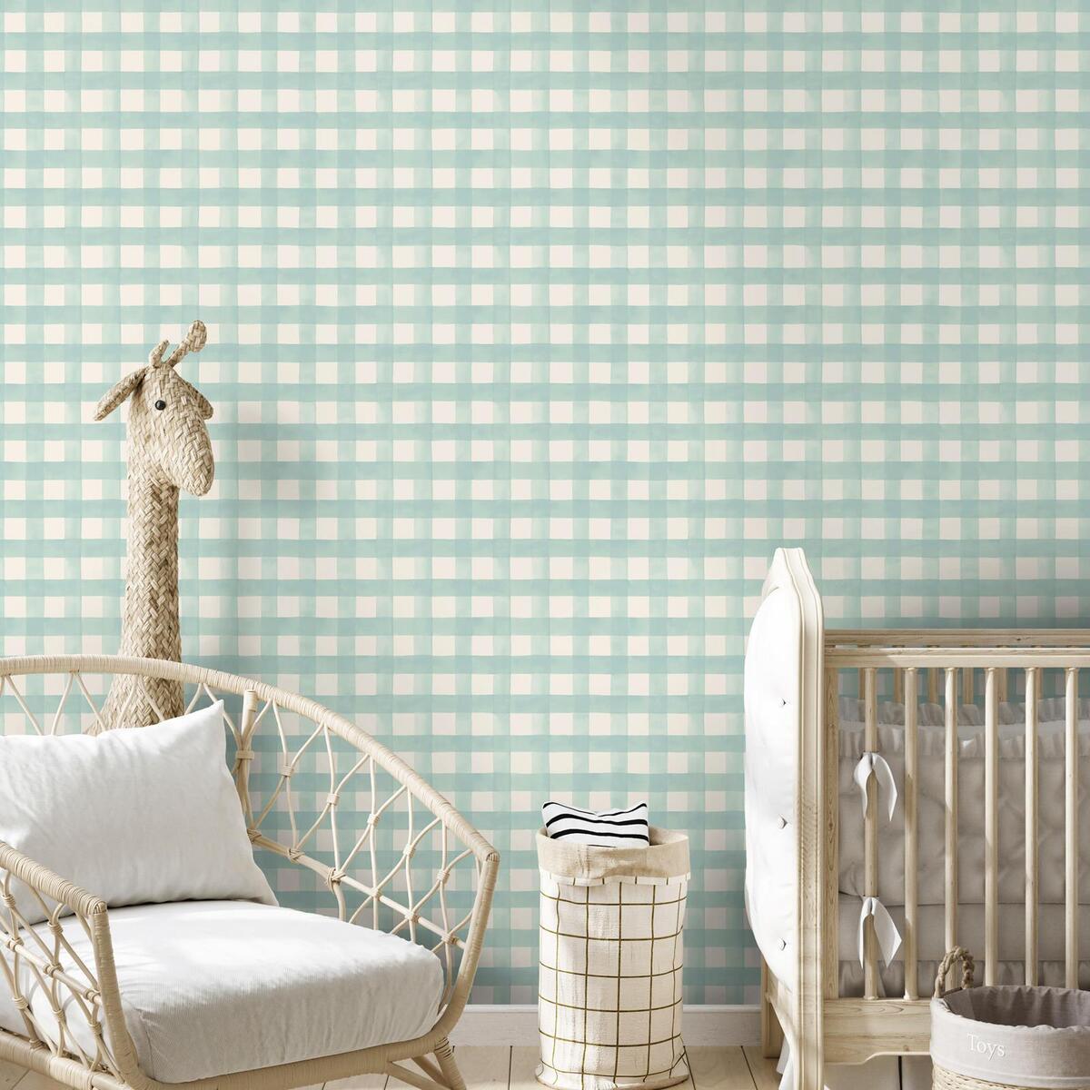 Papel de parede aquarela Gingham quarto de bebê infantil xadrez  azul-petróleo macio 13293