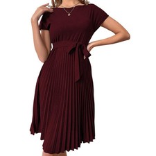 Pleated Hem Self Belted Dress in Burgundy, Size S