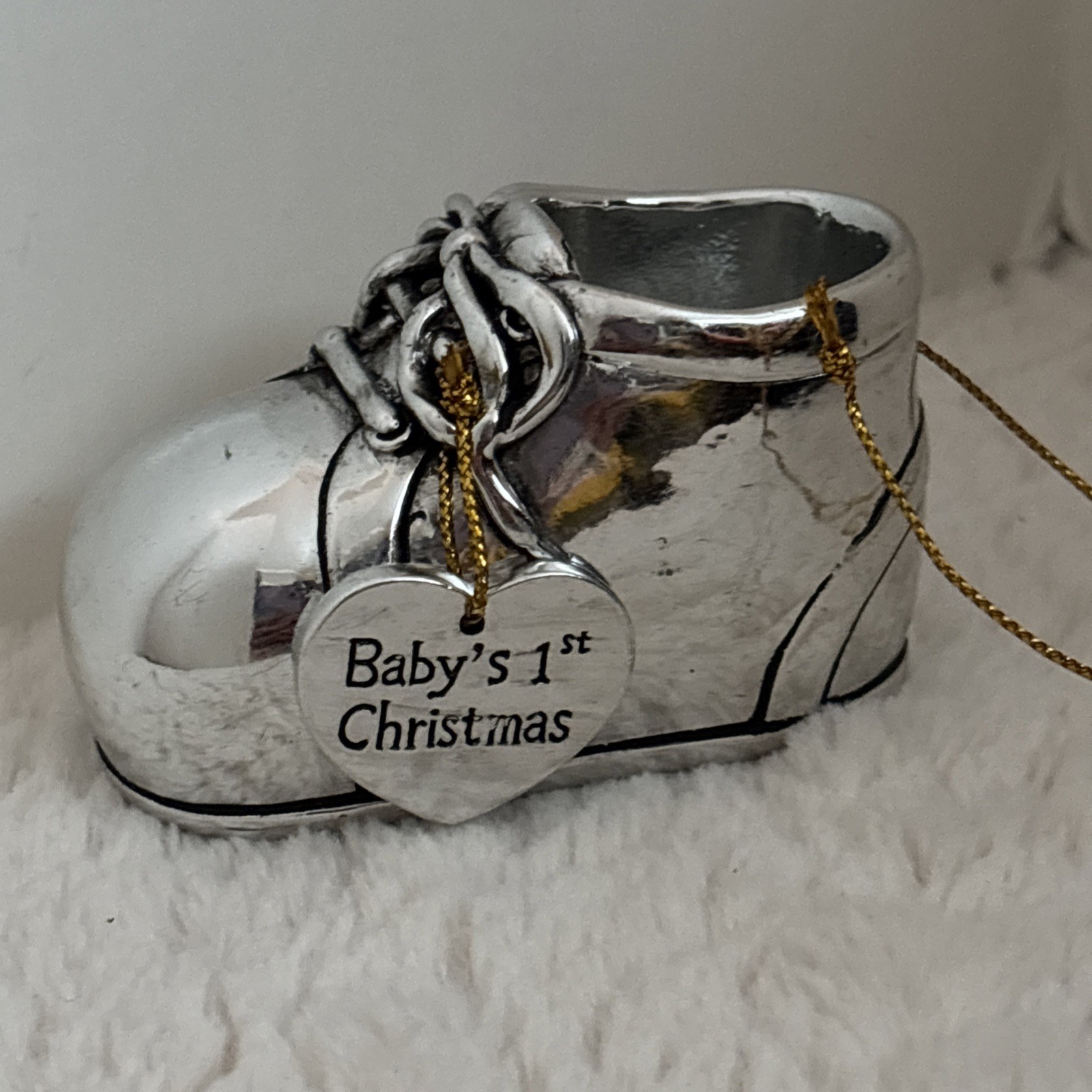Babies First Christmas Shoe Ornament / Silver Tone/ Holiday Baby Shower